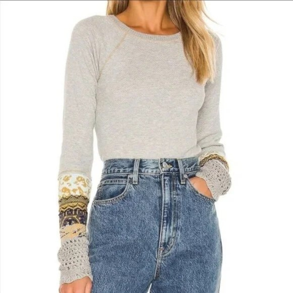 Gray Thermal Waffle Knit Mixed Sweater Cuff Boho Size XS Chelsea and Theodore